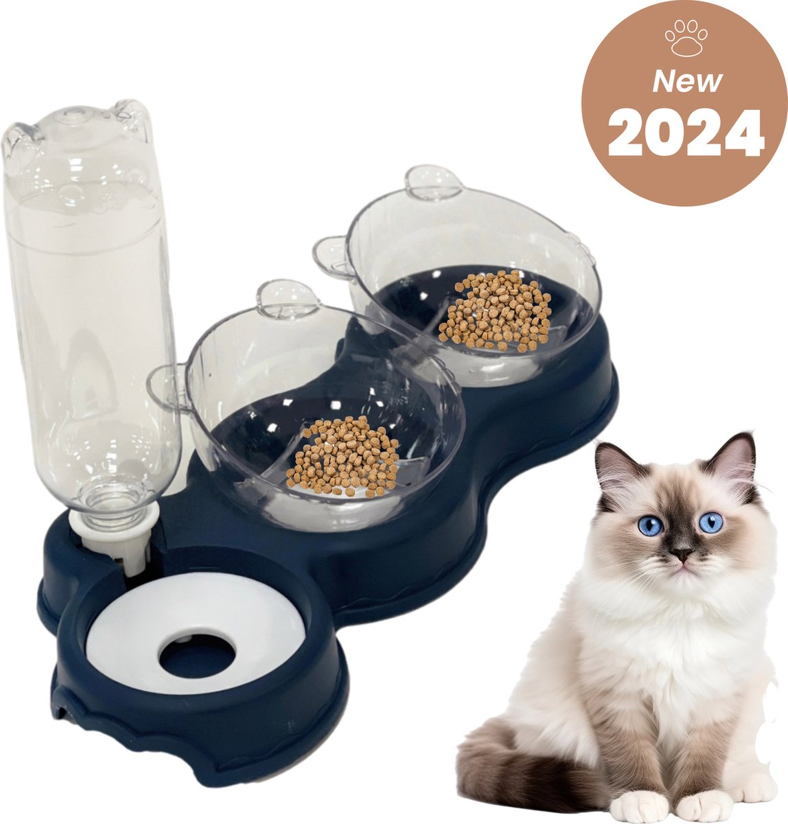 Dubbele Voerbak Kat – Automatische Waterdispenser – Ergonomisch Blauw