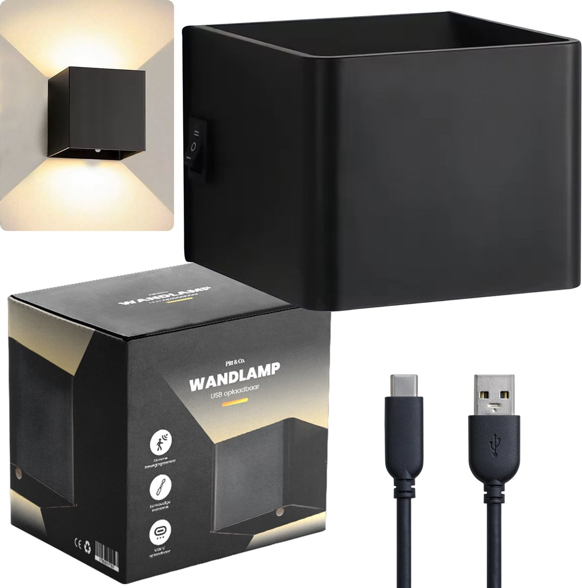 Wandlamp Binnen Led Oplaadbaar – Draadloos 2700 K – met Bewegingssensor – Zwart