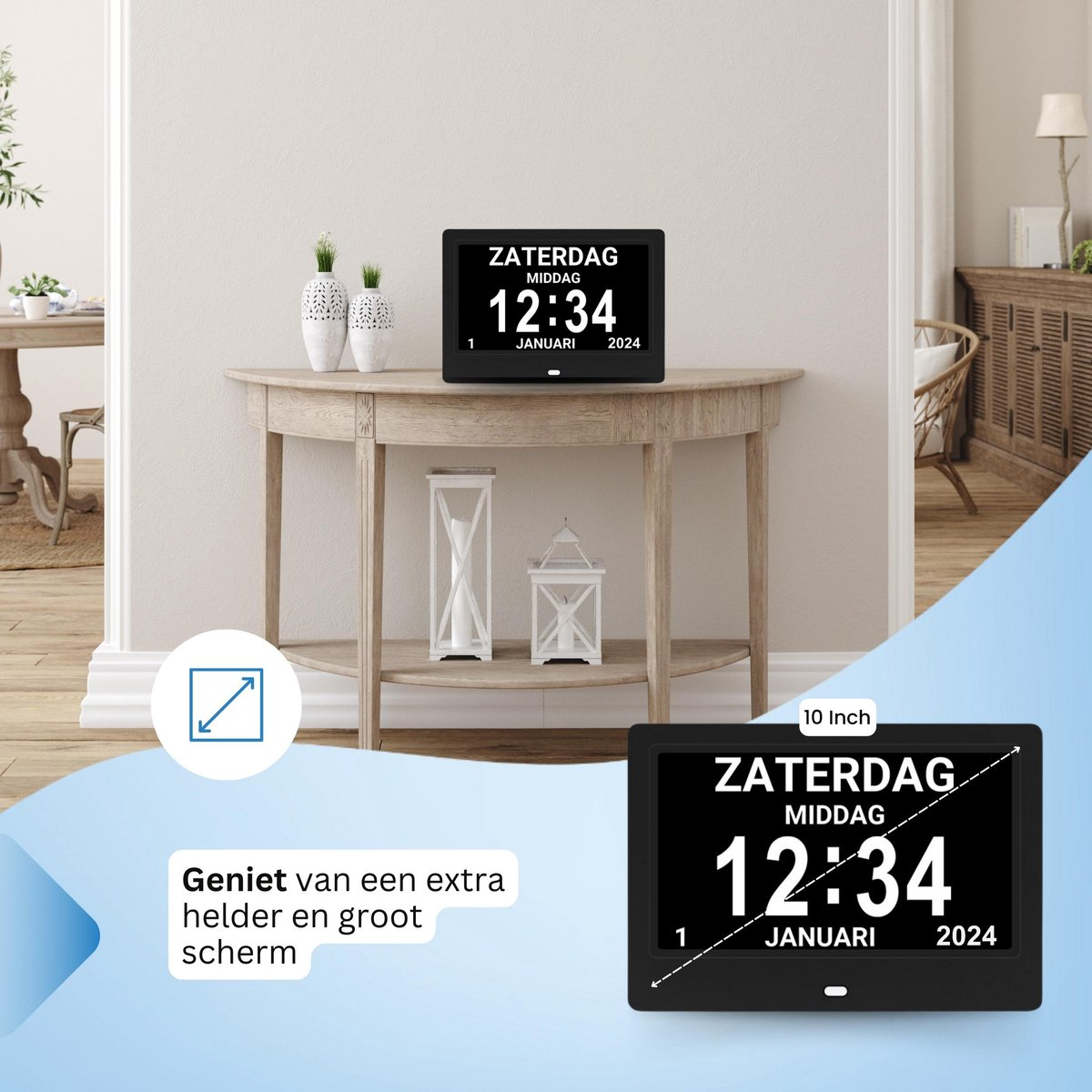 Dementieklok Analoog en Digitaal – Datum en Dag – 10 Inch