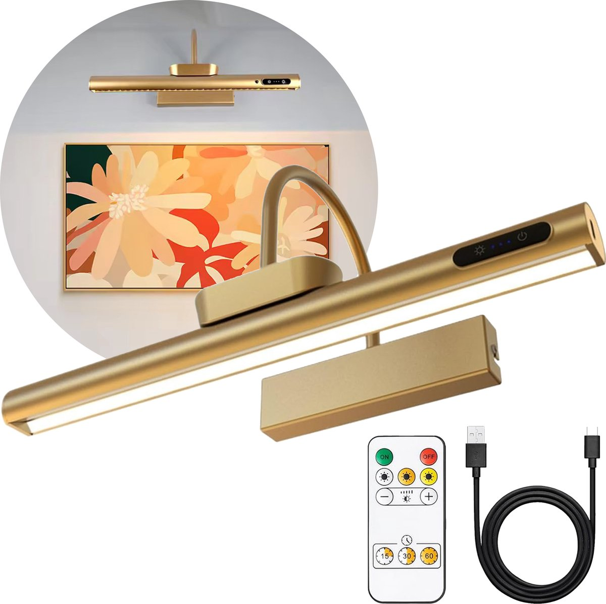 Schilderijlamp Oplaadbaar LED – Dimbaar – met Afstandsbediening - Goud