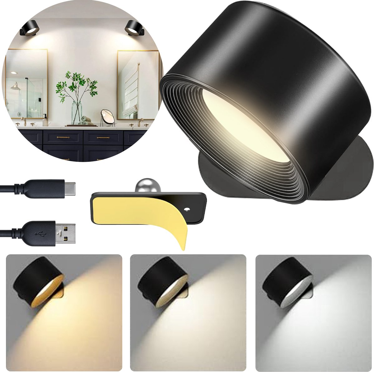 Led Wandlamp Binnen Oplaadbaar - Draadloos 360° rotatie - Zwart