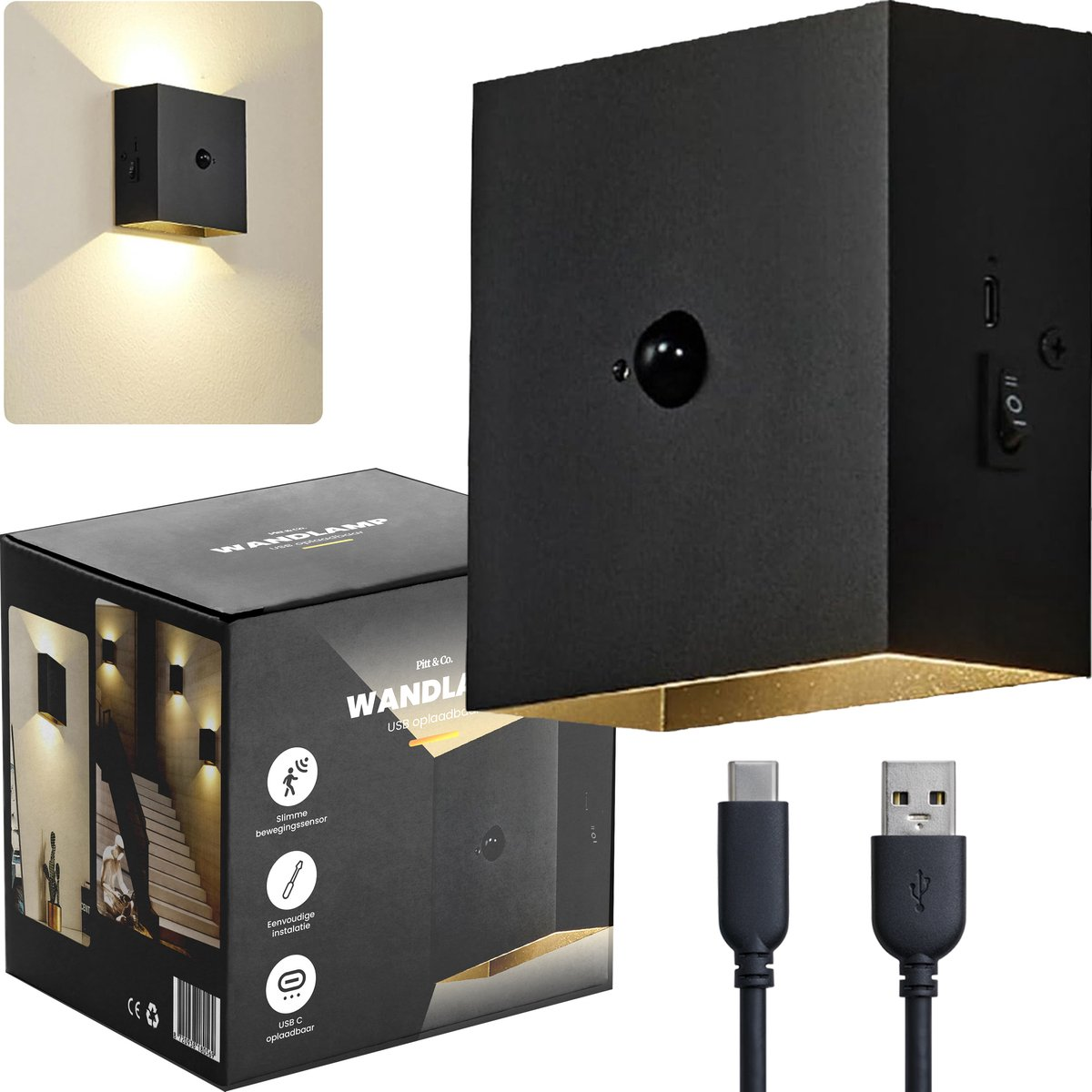 Oplaadbare Wandlamp Binnen - met Bewegingssensor - Zwart op Accu – 2700K – Trapverlichting – USB-C – Up Down